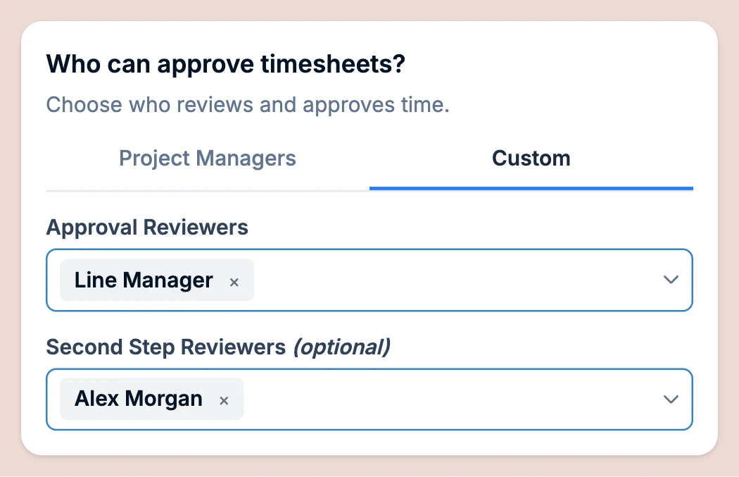 Approval settings with Line Manager as reviewer and an optional second approval step
