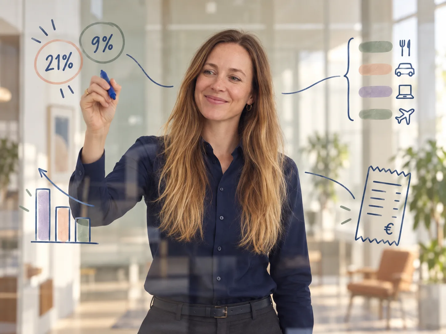 Nora seen through a glass board as she sketches expense categories, tax rates, receipts, and reports