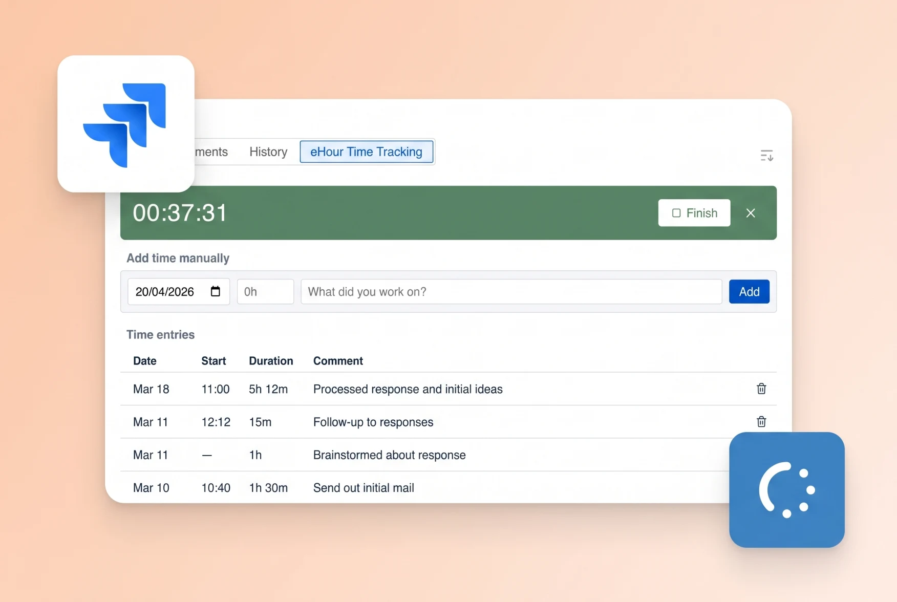 eHour Time Tracking panel inside a Jira issue, with Jira and eHour logos
