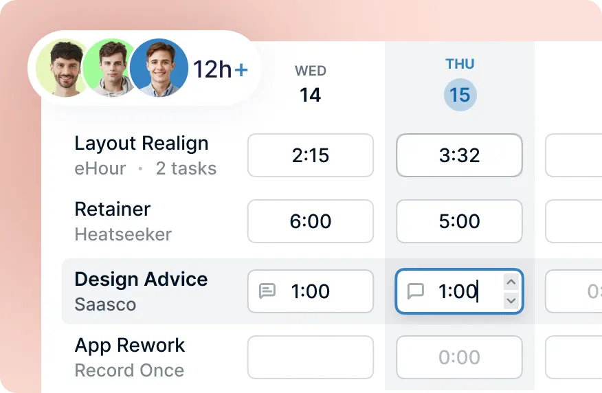 Weekly timesheet grid with project hours and comments
