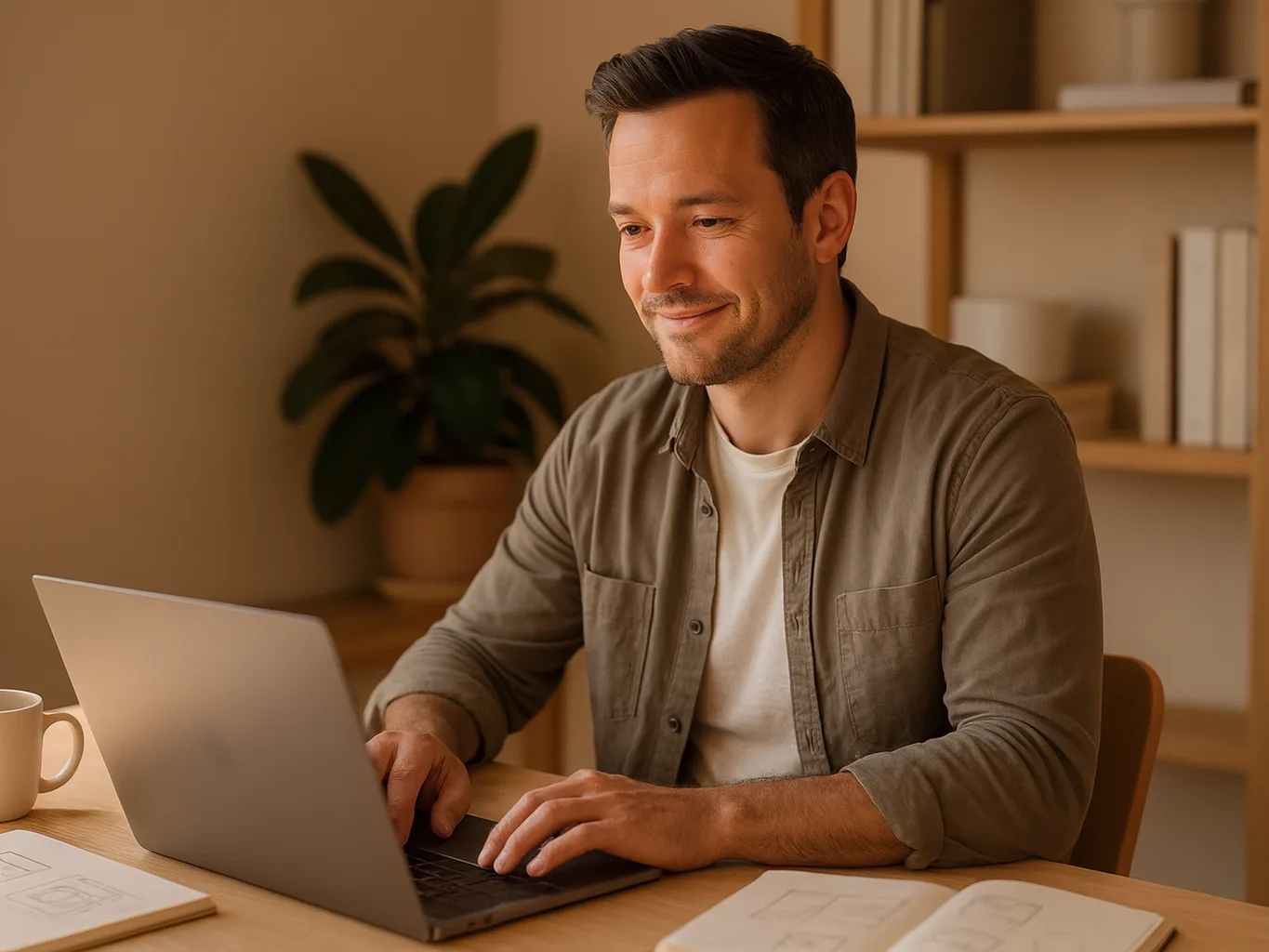 A designer finishing his week of hours on a laptop at his studio desk