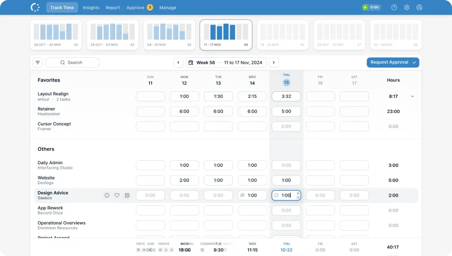 eHour timesheet interface showing weekly project time entries