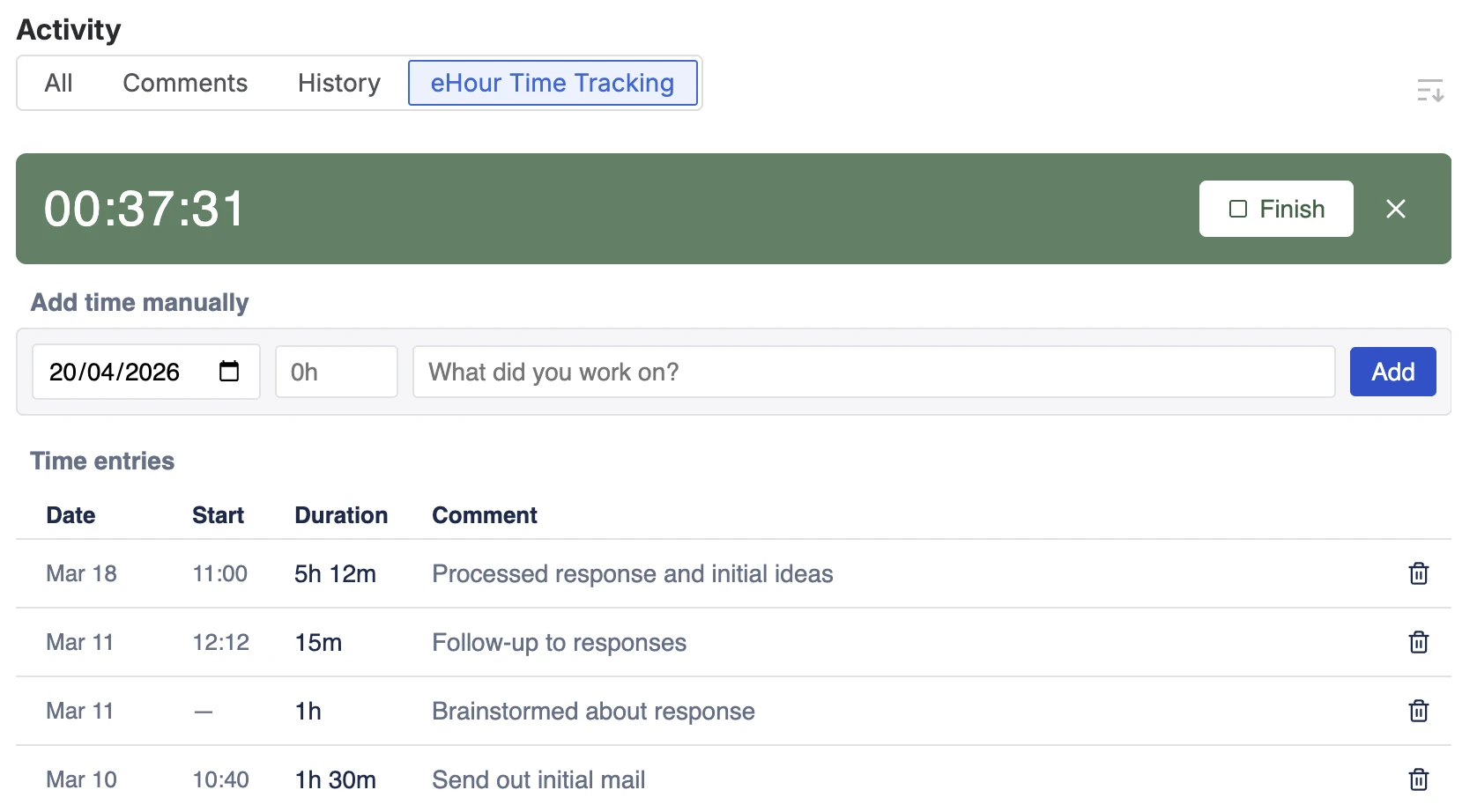 eHour Time Tracking panel inside a Jira issue, showing a running timer, a manual entry row, and a list of time entries