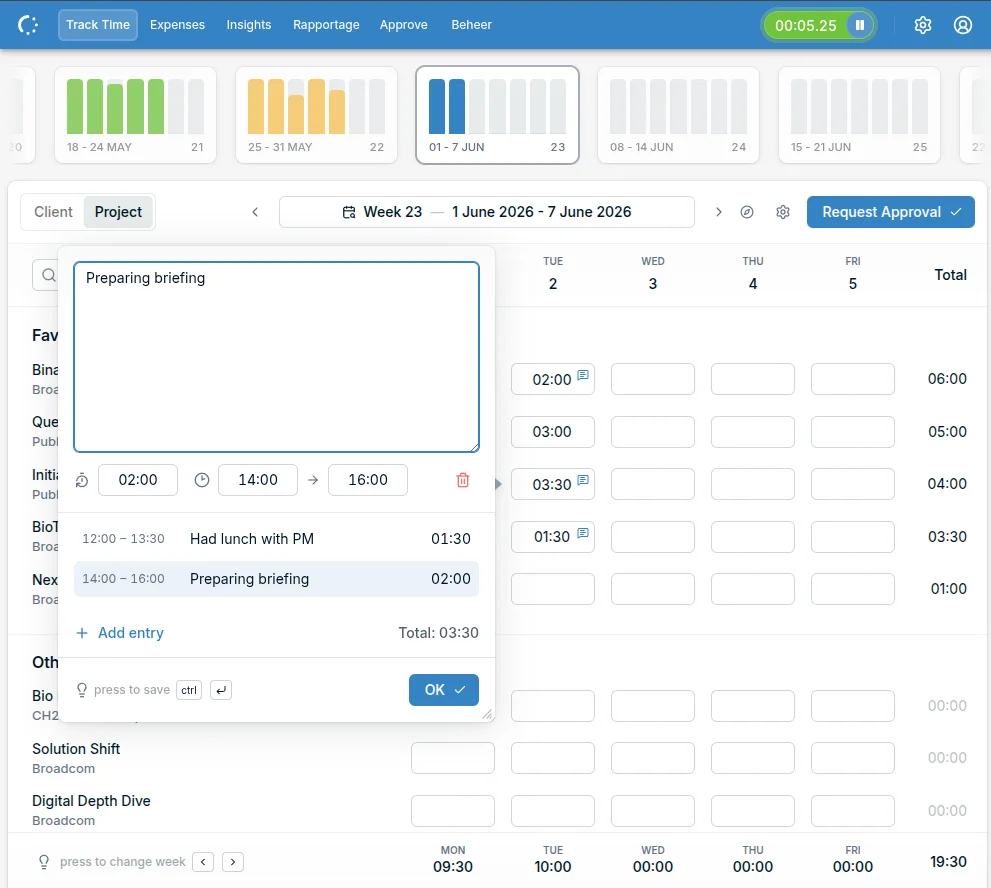 Timesheet entry window showing two separate entries with comments, durations, and start and end times.