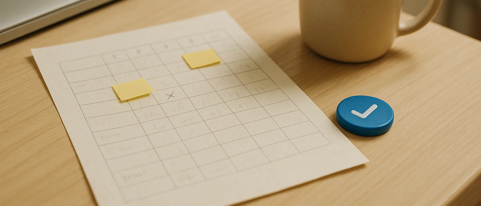 A printed timesheet with sticky notes and pencil corrections next to a coffee mug and a blue check token on a wooden desk