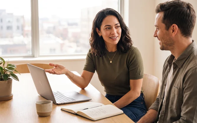 Delivery lead talking a colleague through a project budget at a meeting table