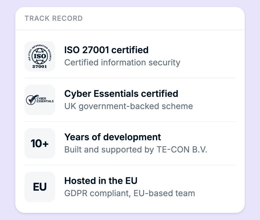 ISO 27001, Cyber Essentials, EU hosting, and 10+ years of development